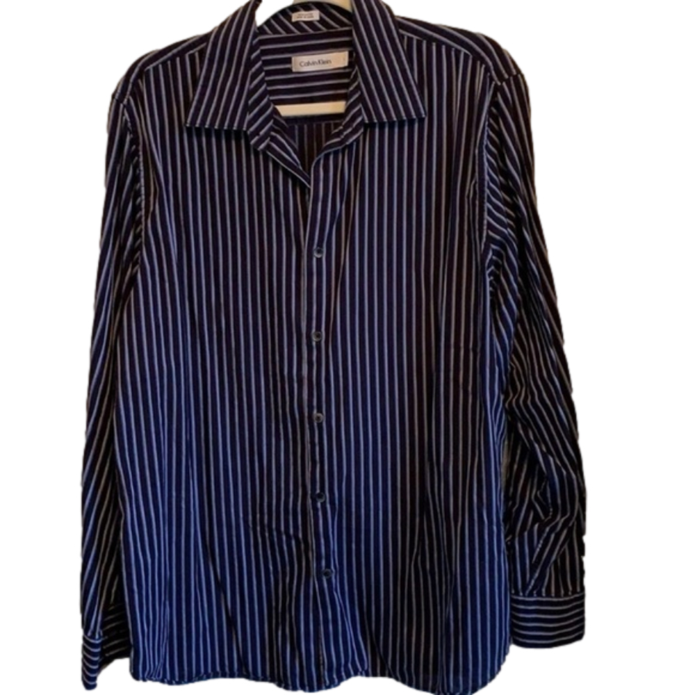 CALVIN KLEIN Blue Stripe Button Down Cotton‎ Dress Shirt, Men Large